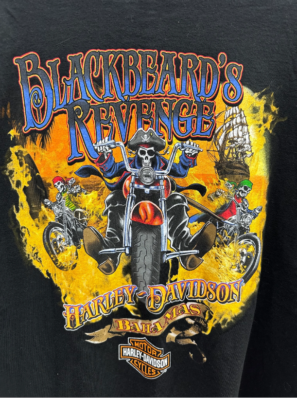 Vintage Harley-Davidson Bahamas Pirate Skull Graphic T-Shirt, Unisex Black Short Sleeve Tee, Biker Apparel, Motorcycle Gear, Size XL