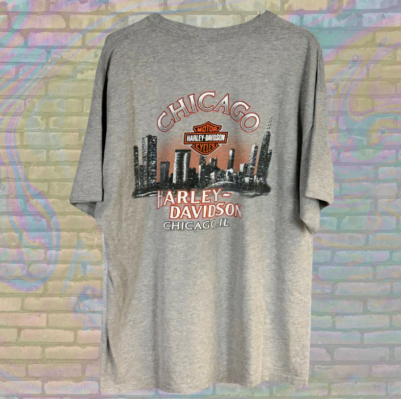 Vintage Harley Davidson Chicago Gun Smoke Logo Skyscraper T-shirt - Extra Large