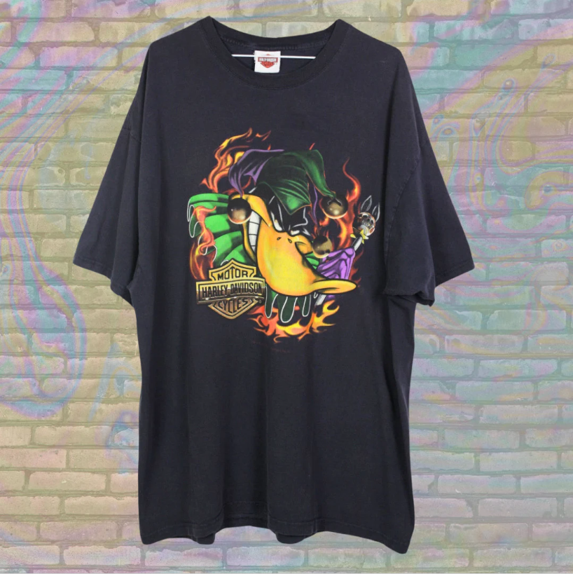 Rare Retro Harley Davidson Jester Daffy Duck Illinois T-shirt - Double Extra Large