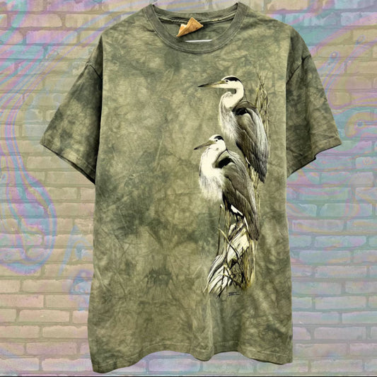 Vintage 90s The Mountain Heron Graphic Tshirt Mens Large Nature Wildlife Bird Print Earth Tone Tie Dye Retro Animal Graphic Collectible