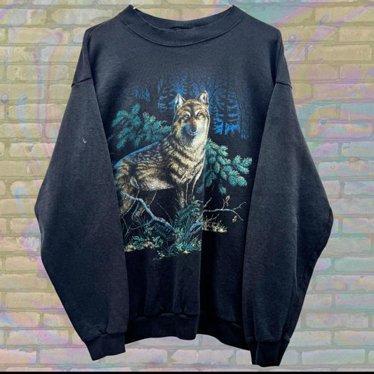 Vintage Wolf Sweatshirt – Retro Nature Graphic Pullover, Black Cozy 90s Animal Crewneck, Unisex Outdoor Cottage Grove Adventure Wear