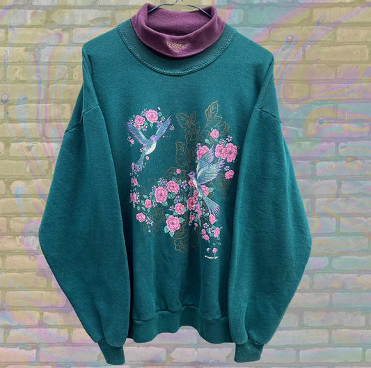 Vintage Hummingbird Floral Sweatshirt – 90s Embroidered Nature Graphic, Teal Cozy Crewneck, Retro Unisex Pullover, Cottagecore Style