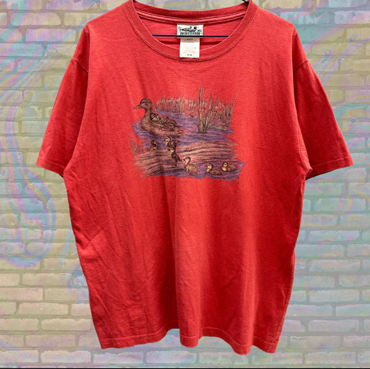 Duck and Ducklings in a Pond Nature Scenery Northern Reflections Red Tshirt Medium Unisex Animal Print Landscape Made in Canada