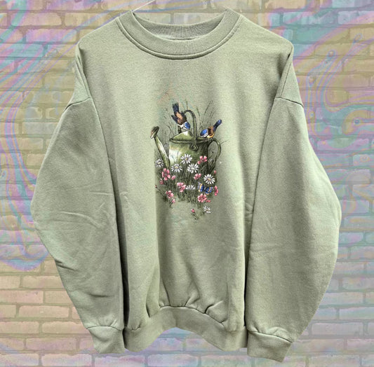 Blue Jays and Garden Watering Can Northern Reflections Oversized Sweatshirt Medium Unisex 90s Vintage Animal Nature Landscape Made in Canada