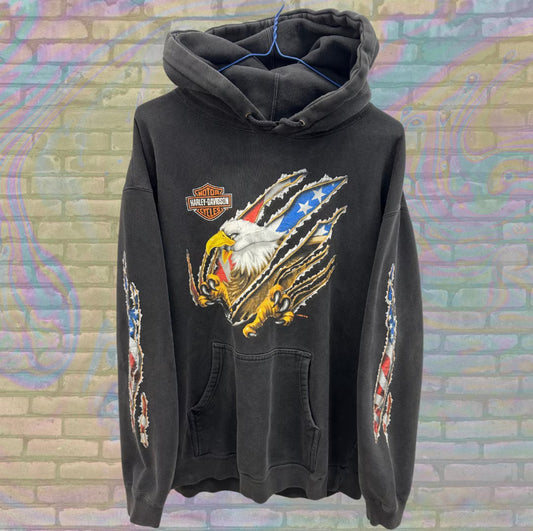 Harley Davidson Bursting Claws Eagle Wild Fire Illinois Sleeve Print Faded Hoodie Large Unisex Biker Grunge Punk Animal Print