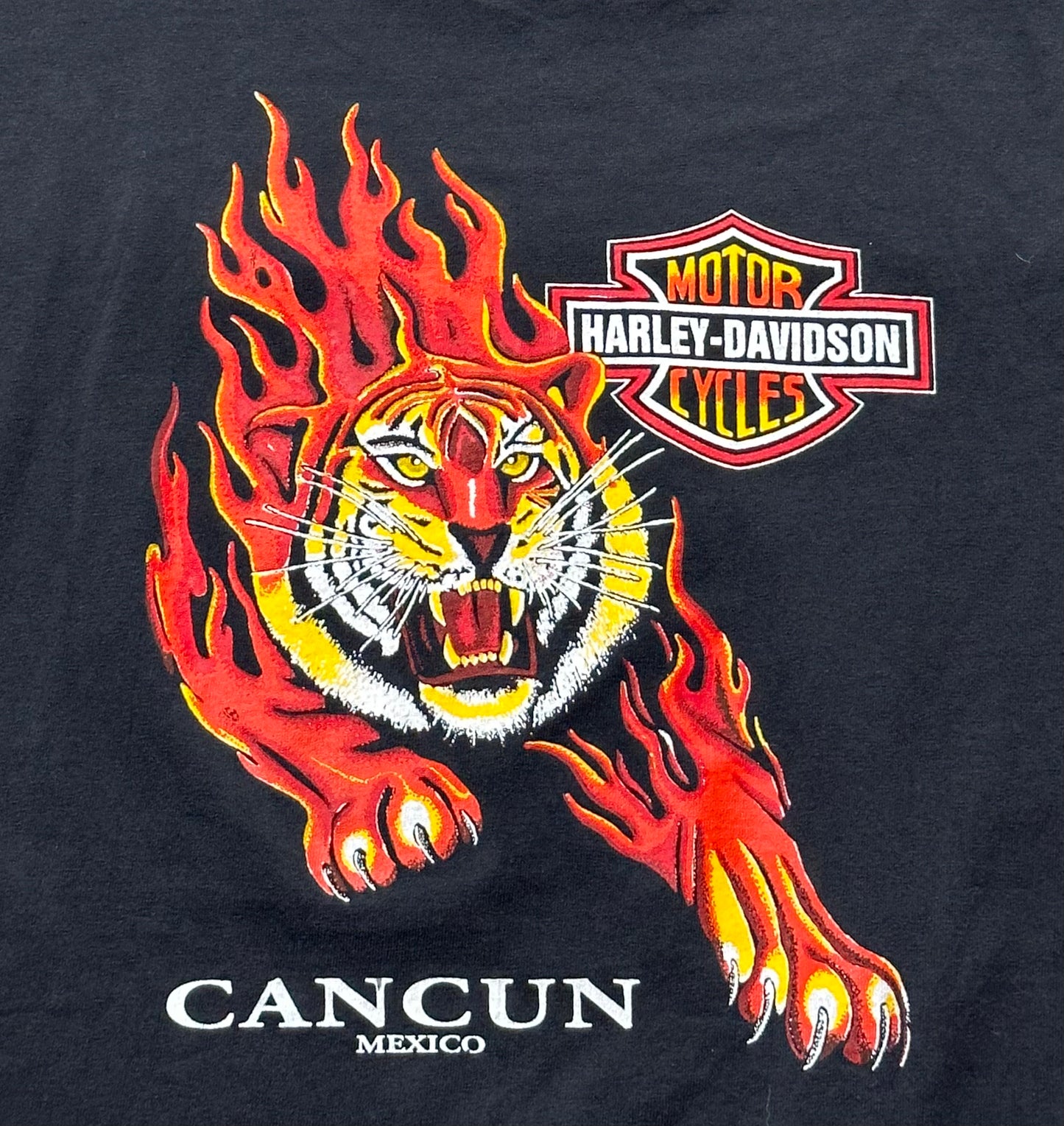 Vintage 90s Harley Davidson Biker Flaming Tiger Cancun Mexico T-shirt - Extra Large