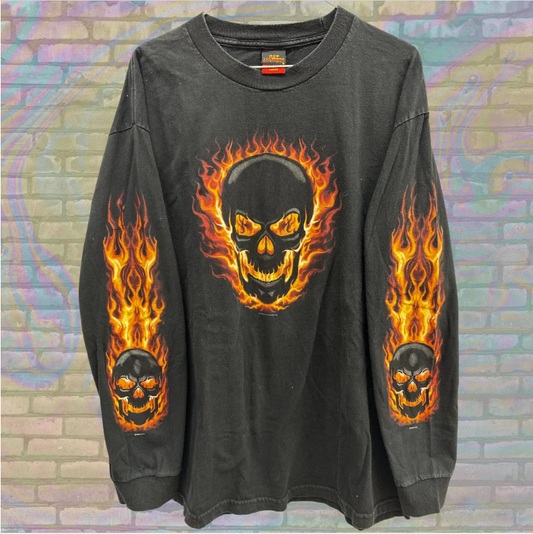 Ghost Rider Flaming Skull Big Print Sleeve Print Sweatshirt Large Unisex Y2K Vintage Horror Goth Grunge Biker Hot Leathers