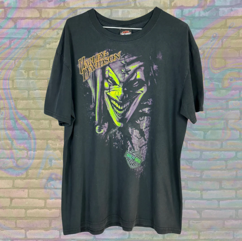 Retro Harley Davidson Green Creepy Jester Columbia South Carolina T-shirt - Extra Large