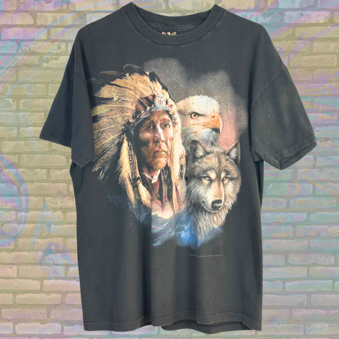 Vintage 1993 3D Emblem Indigenous Chief Eagle & Wolf T-shirt - Large