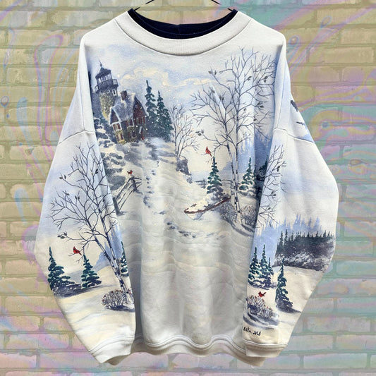 Vintage Winter Cabin Sweatshirt | All Over Print Snow Scene Sweater | Cozy Cardinal Birds Pullover | Christmas Holiday Cottage Wear