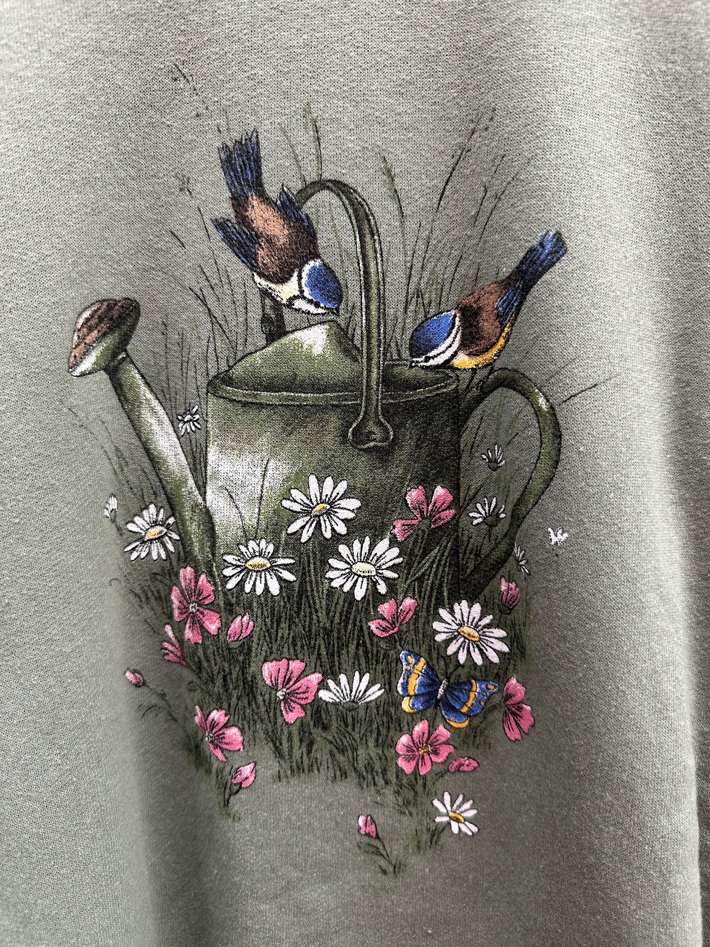 Blue Jays and Garden Watering Can Northern Reflections Oversized Sweatshirt Medium Unisex 90s Vintage Animal Nature Landscape Made in Canada