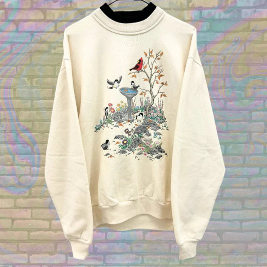 Bird Garden Sanctuary Morning Sun Scenery Sweatshirt Medium Unisex 90s Vintage Animal Print Nature Landscape Made in USA