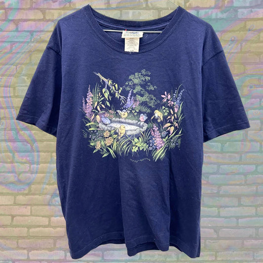 Birds Water Fountain Nature Northern Reflections Navy Blue Tshirt Large Unisex Animal Print Landscape Made in Canada