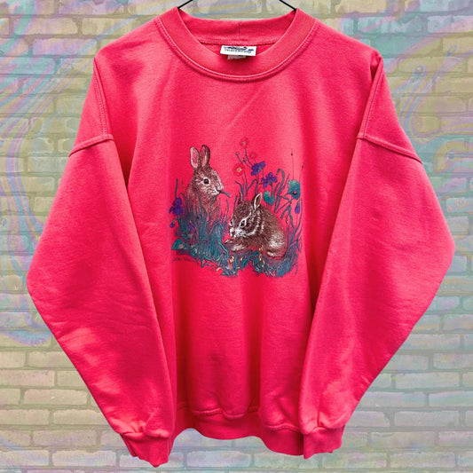 Bunny Garden Scenery Northern Reflections Crewneck Medium Unisex 90s Vintage Animal Nature Cottagecore Grandmacore Made in Canada