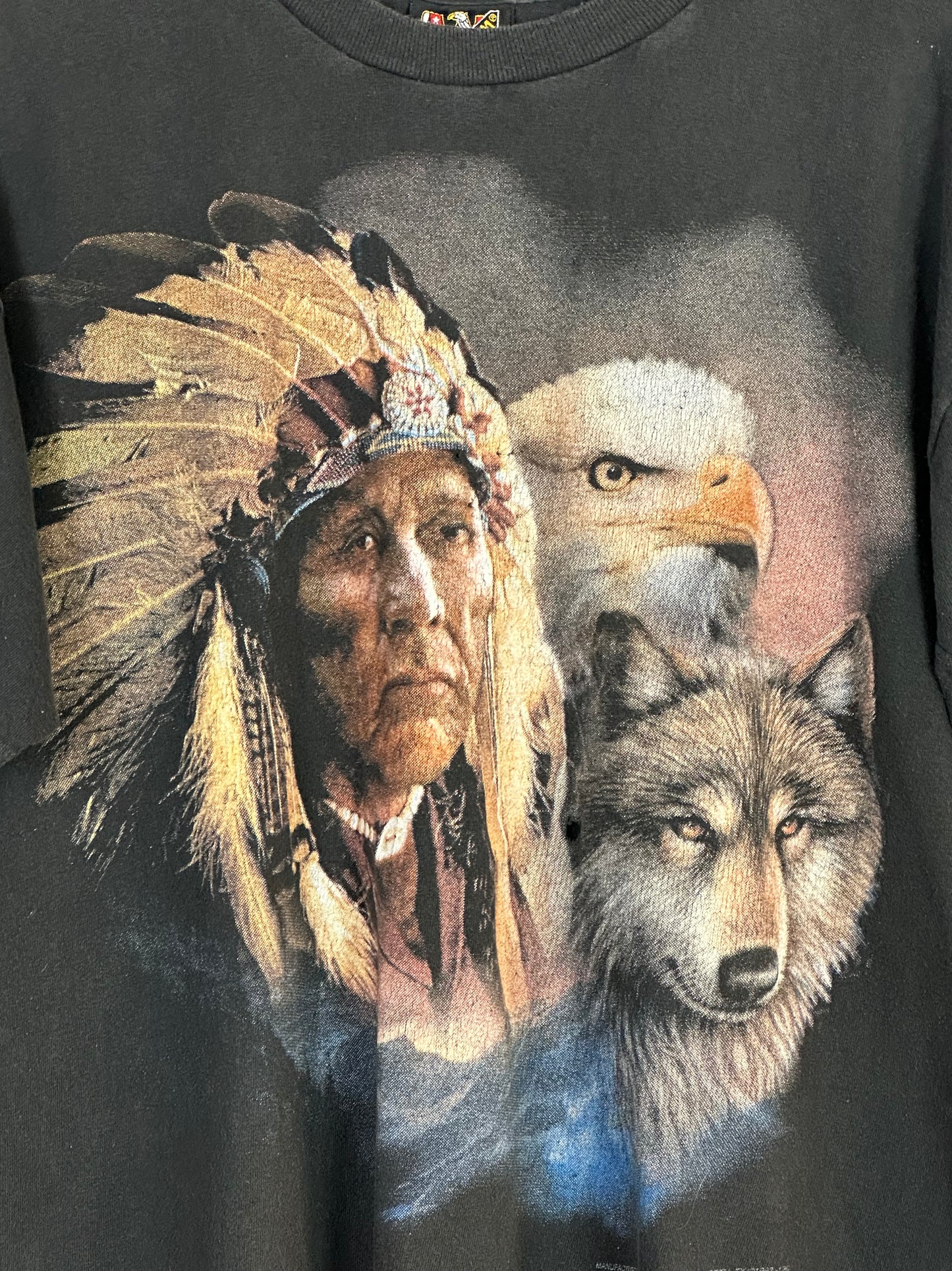 Vintage 1993 3D Emblem Indigenous Chief Eagle & Wolf T-shirt - Large