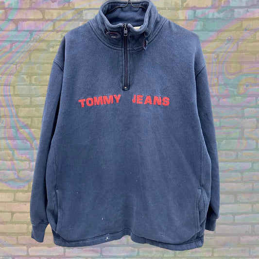 Vintage Tommy Jeans Quarter Zip Embroidered Distressed Sweatshirt Size Large