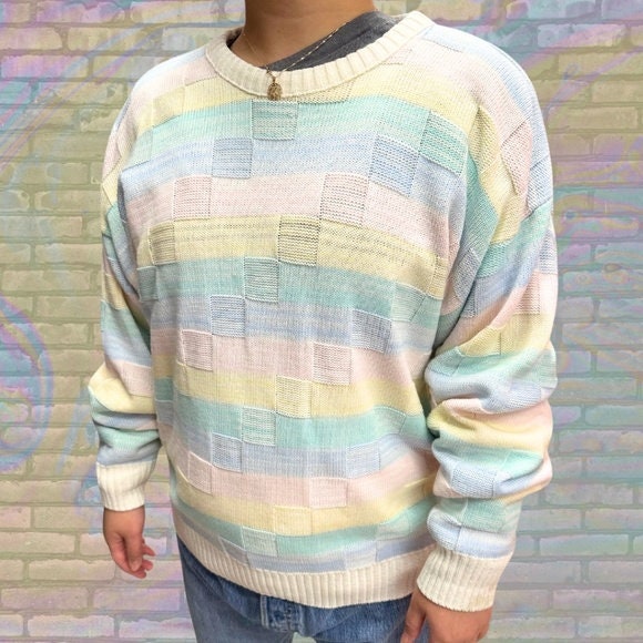 Vintage 90s Sears Pastel Rainbow Block Knitted Sweater