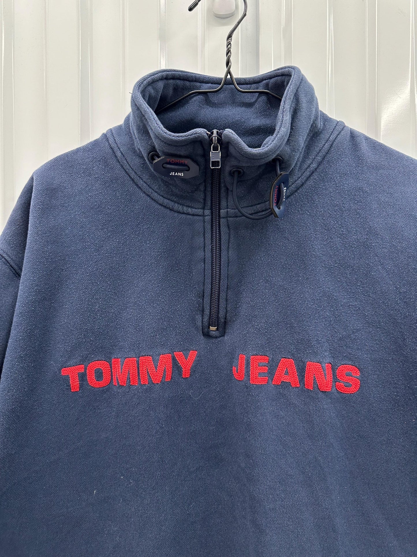 Vintage Tommy Jeans Quarter Zip Embroidered Distressed Sweatshirt Size Large