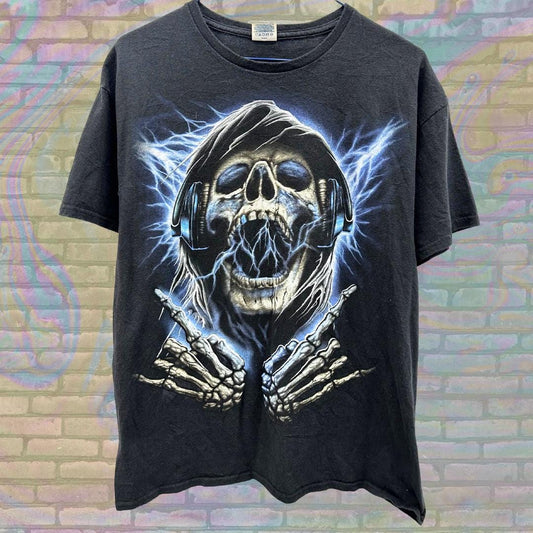 Vintage Grim Reaper Electric Skull Grunge Goth Y2K T-Shirt Size Large